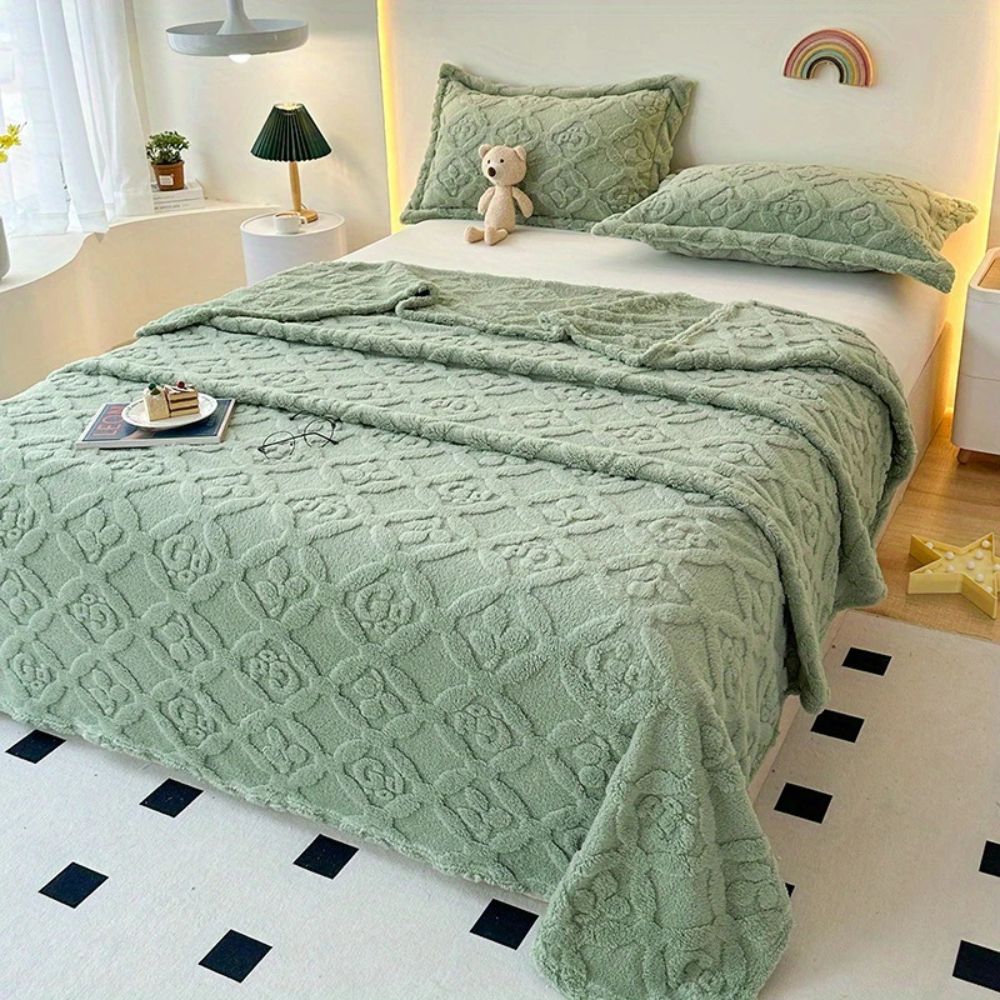 Leaf Embroidery Fleece Winter Blanket Willow Green