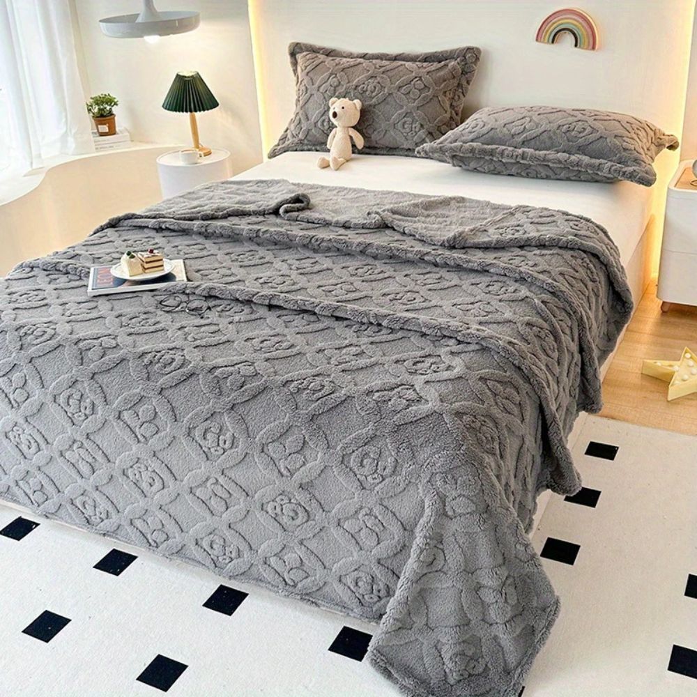 Leaf Embroidery Fleece Winter Blanket Stone Gray