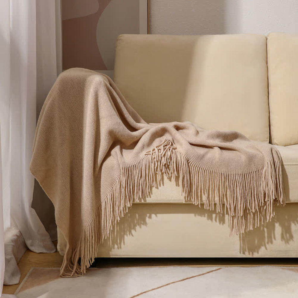 Chunky Knit Tassel Blanket Khaki