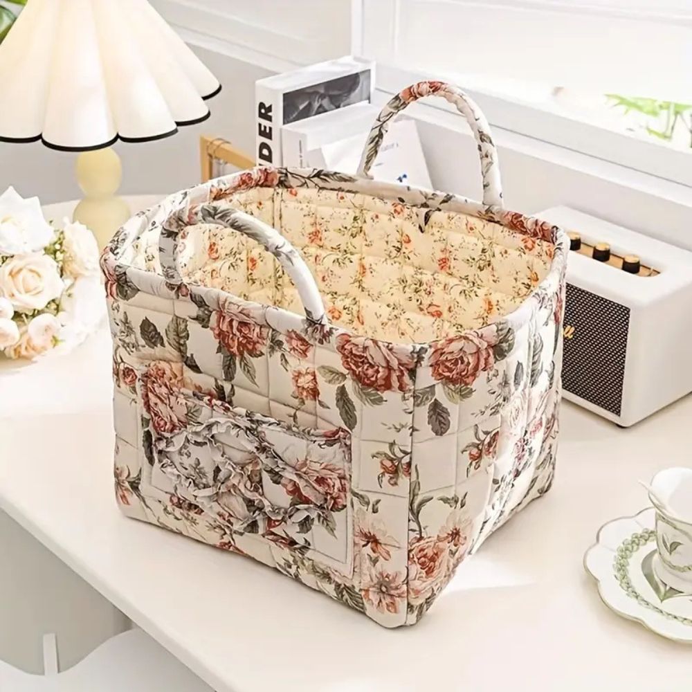 Delicate Floral Canvas Storage Basket Meadow 13"x11"x10"