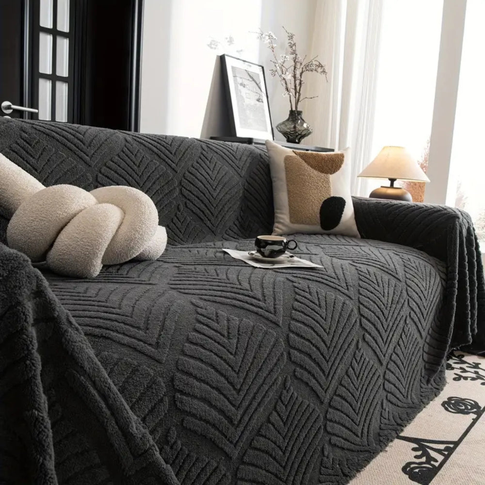 Herringbone Leaf Design Fleece Sofa Cover Black