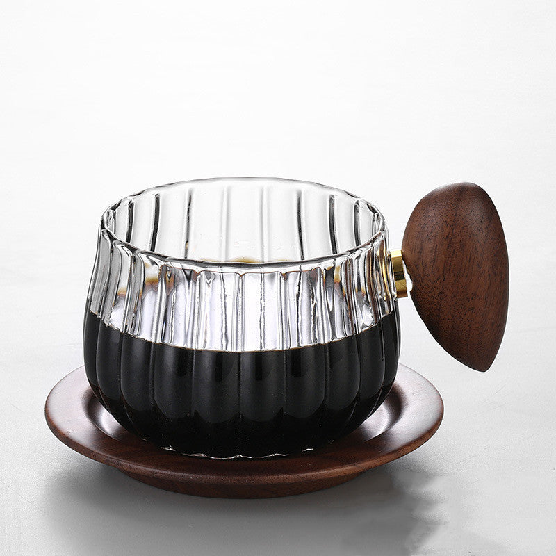 Glass Coffee & Tea Cup with Wood Handle Clear Glass Cup + Saucer Set