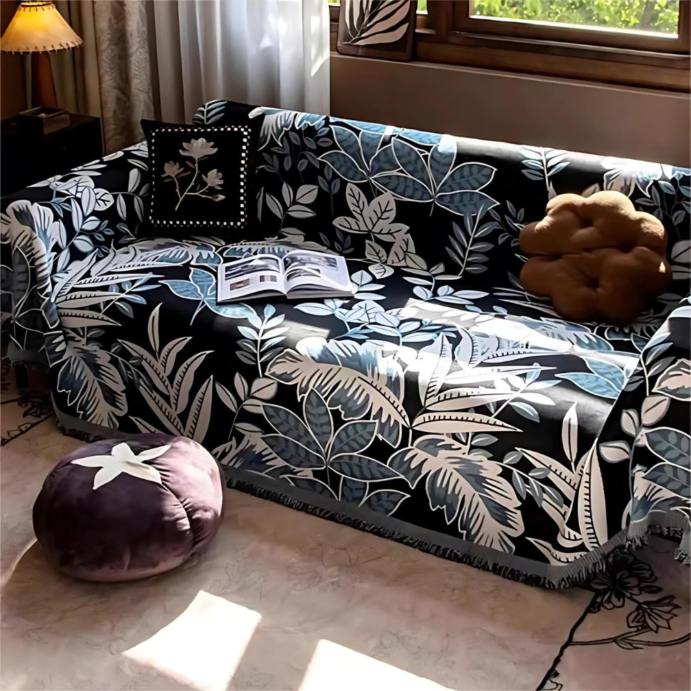 Vintage Rainforest Chenille Tassel Sofa Cover Blue