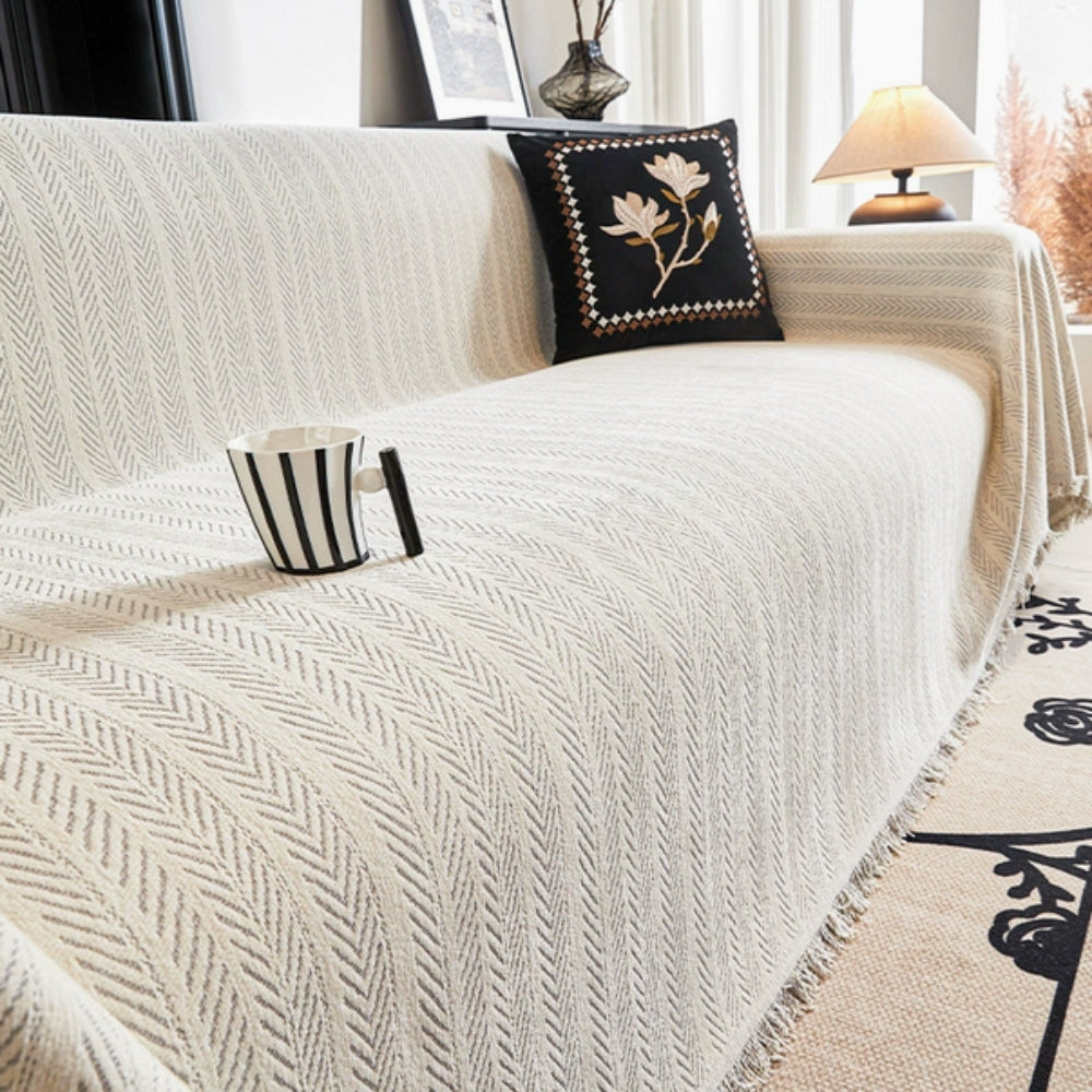 Herringbone Chenille Tassels Sofa Cover Light Gray