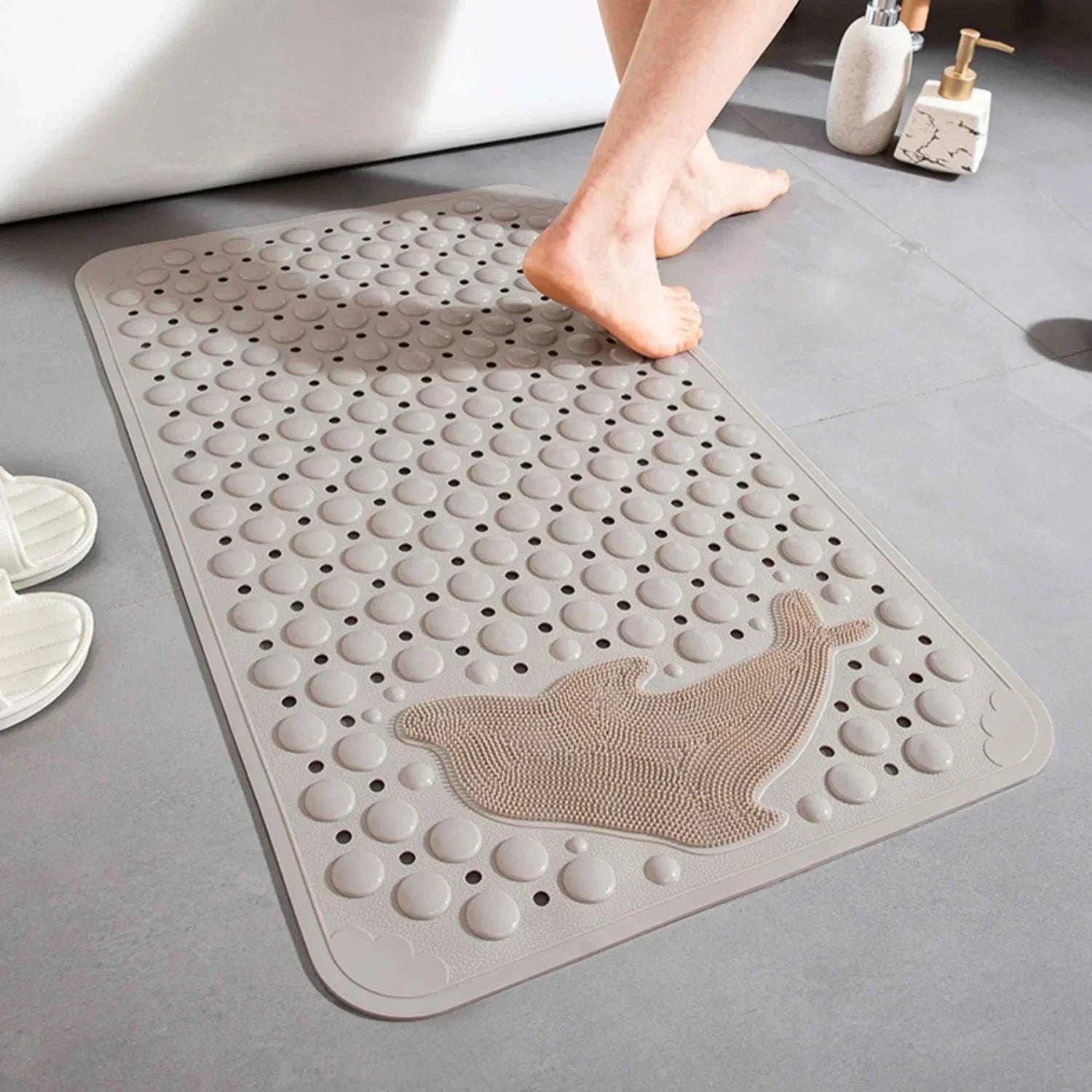 Non-Slip Bathtub Mat with Foot Scrubber Khaki