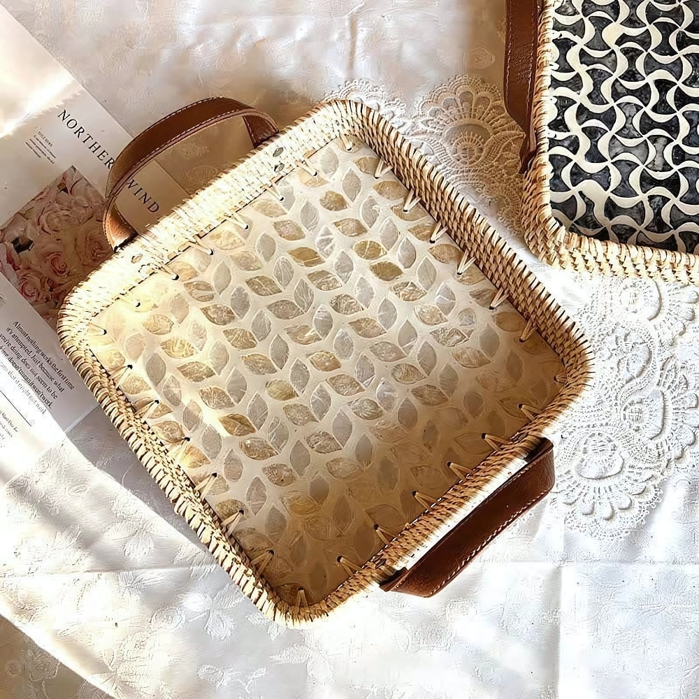 Farmhouse Rattan Tray in Assorted Patterns Square Leaves