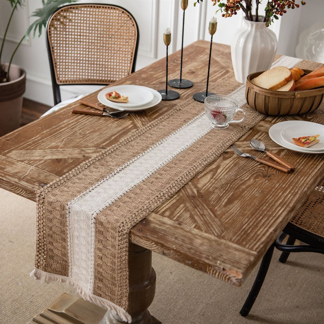 Boho Cotton Tassel Table Runner Earthy Stripe