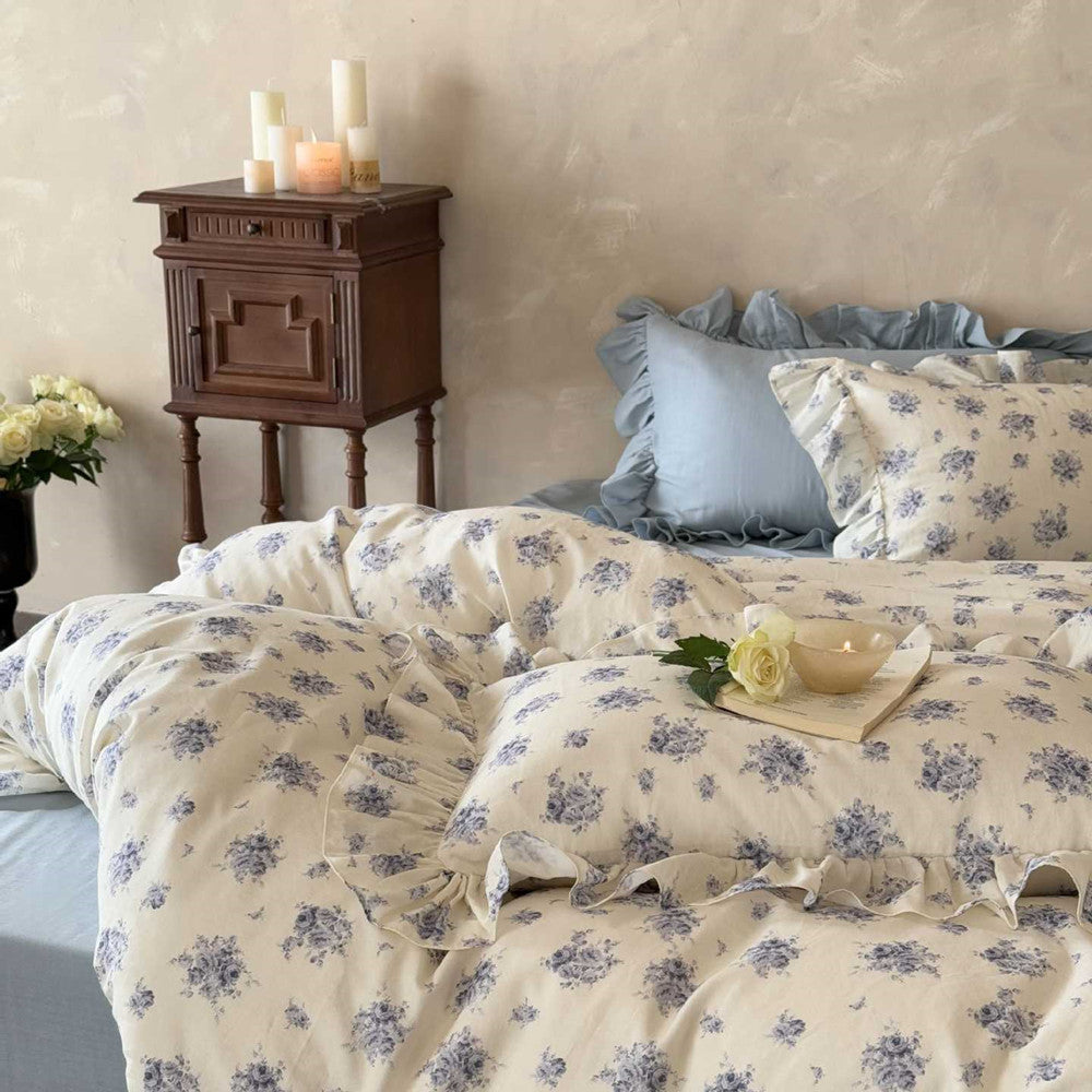 Dusty Blue Floral Bedding — Cotton Muslin Ruffle Trim Set