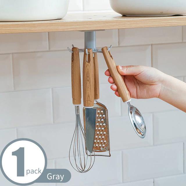 Under-Counter Rotating Kitchen Utensil Storage 6-Hook Organizer Grey Square