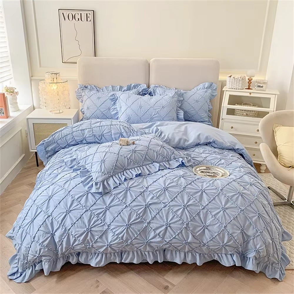 Belle Cotton Plush Ruffle Bedding | 4pcs Set Blue California King