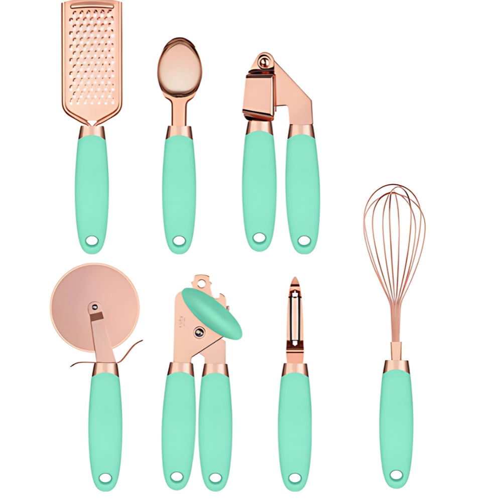 7-Piece Rose Gold Cooking Set Aqua