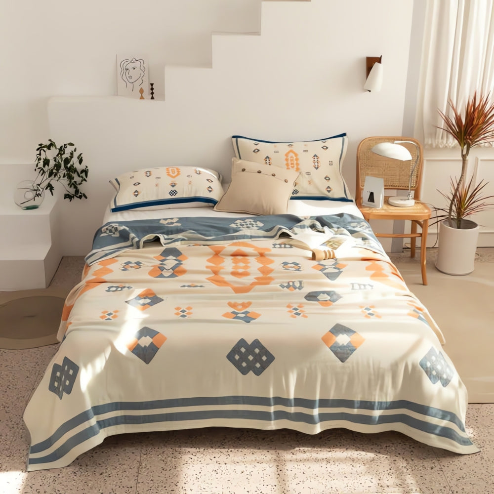 Chevron Design Four-Layer Cotton Blanket Navy Blue
