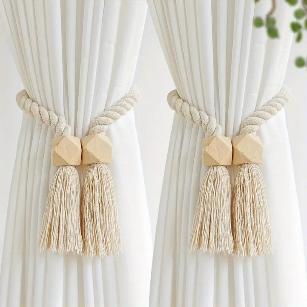 Wooden Bead Tassel Curtain Tie Back | 2Pcs Set Ivory Weave