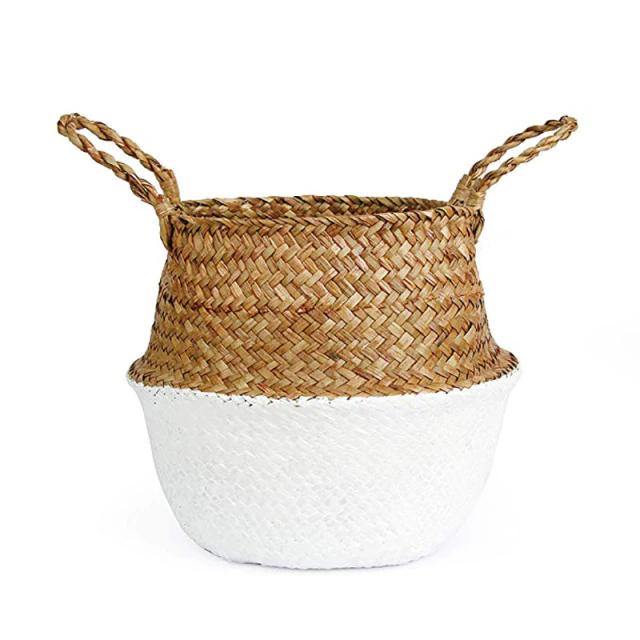 Artisan Rattan Planter or Storage Basket with Handles Large White