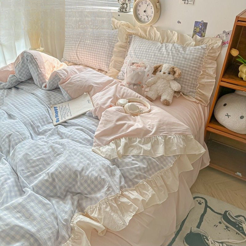 Ruffled Gingham Bedding Set 4PCS Blue