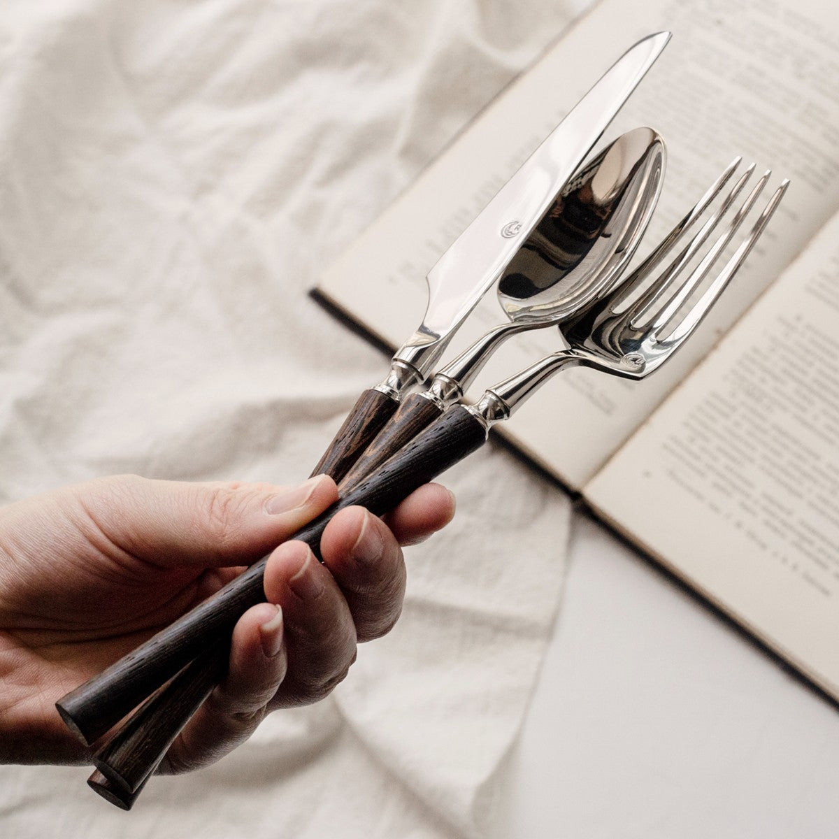Vintage Walnut Wood Handle Flatware Set