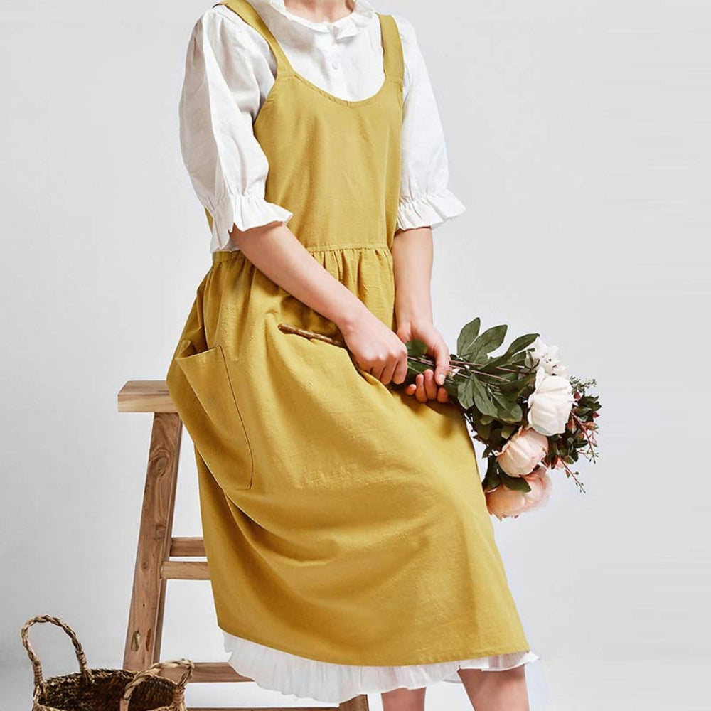 Cross-Back Apron With Pockets Yellow One Size