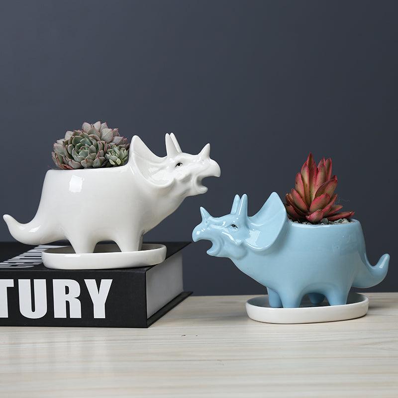 Adorable Dino Succulent Planter Pot with Drainage Tray White+Blue Set