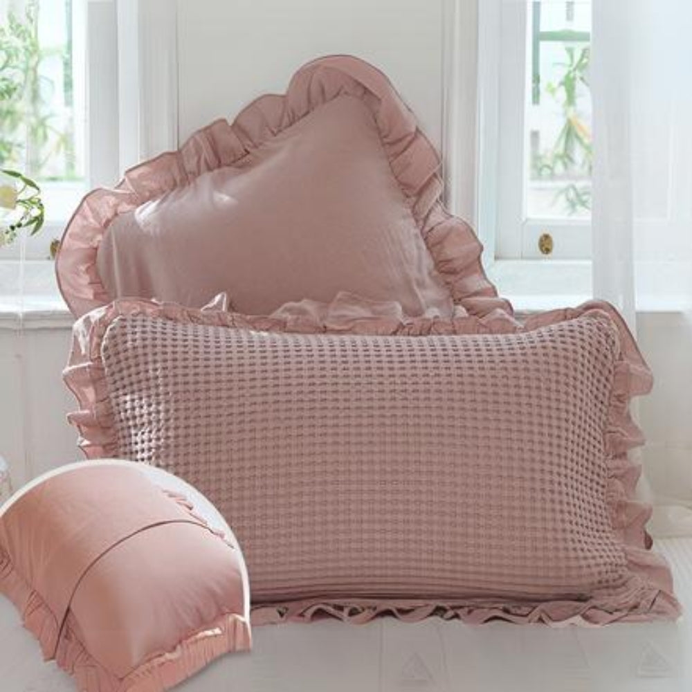 Waffle Weave Cotton Pillowcases with Ruffle (2PCS) Deep Pink 23"x31"