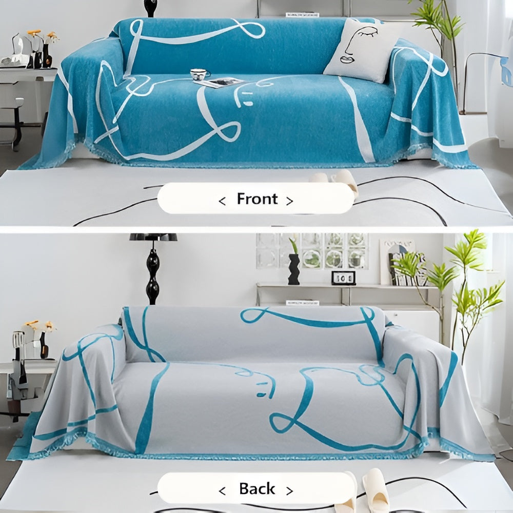 Abstract Line Reversible Chenille Sofa Cover Sapphire Mist