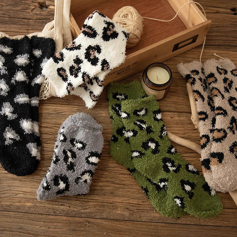Fuzzy Leopard Print Plush Socks