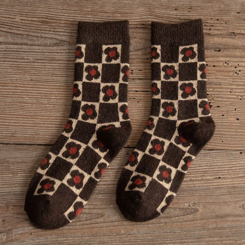 Women's Thermal Wool Socks Winter Warm Plaid Flower One Size