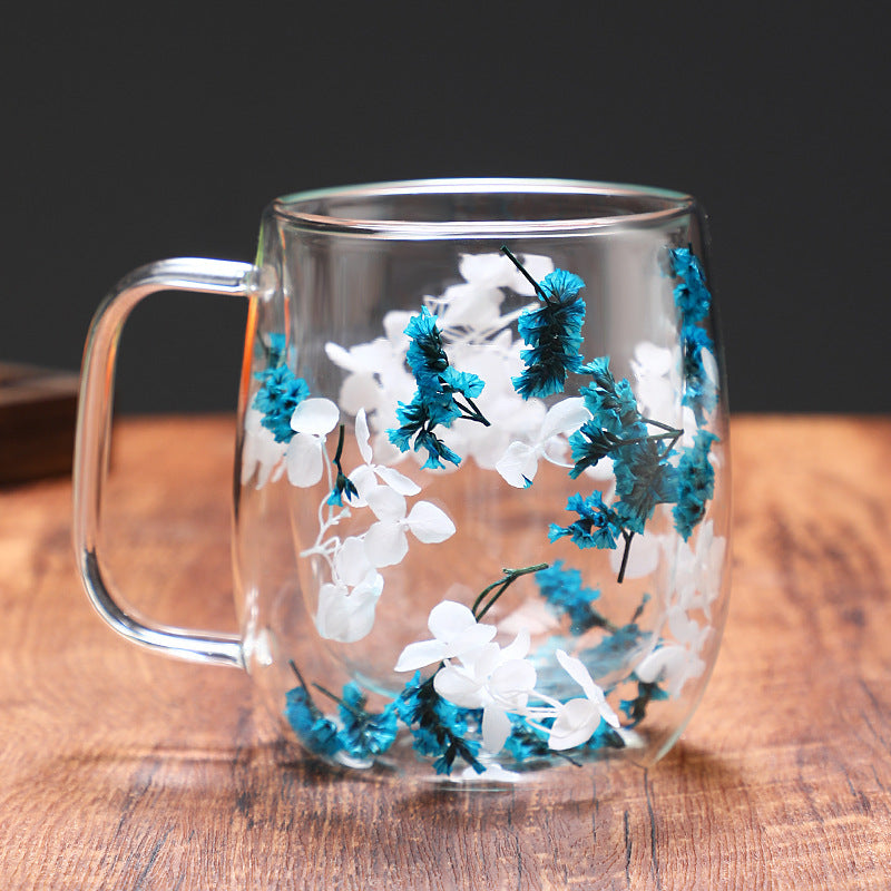 Dried Flower Glass Mug Double Wall Blue 13oz (390ml)
