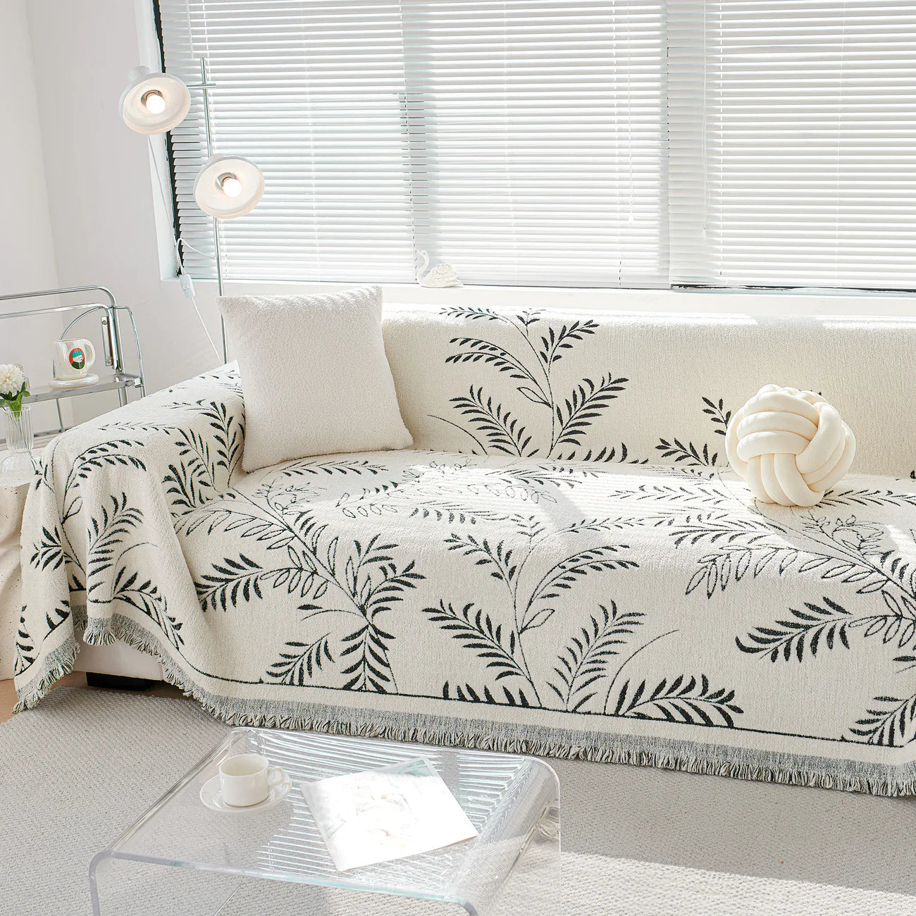 Winter Fern Cotton Sofa/Couch Cover Black
