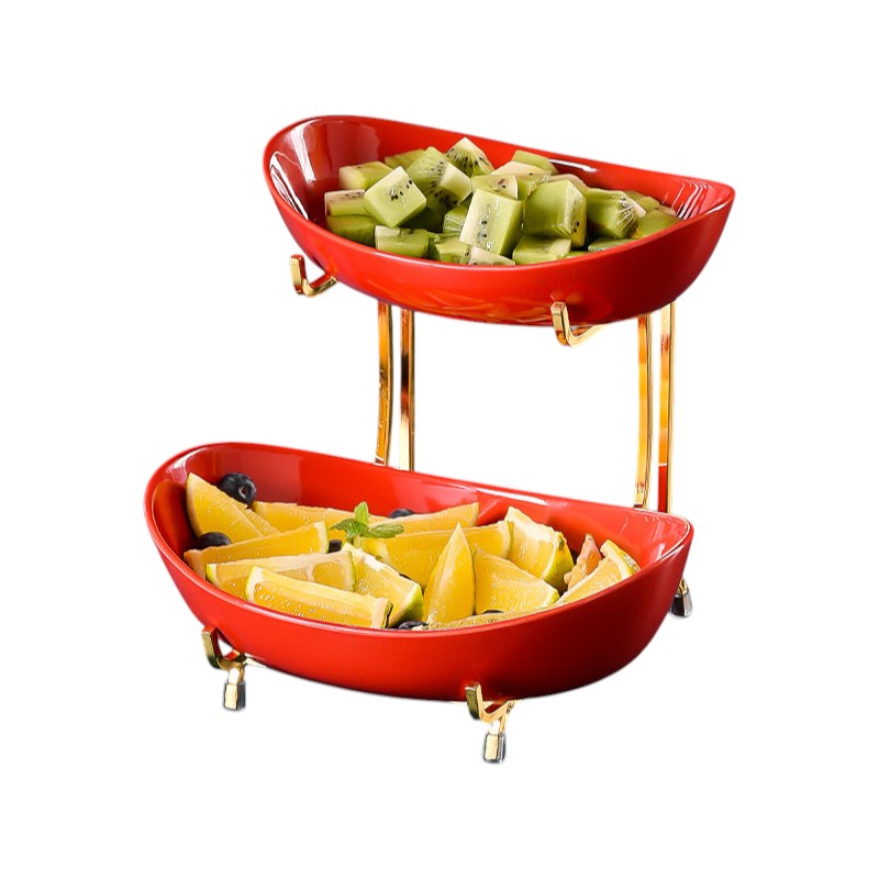Ceramic Serving Bowls with Metal Stand Red 2-Tier