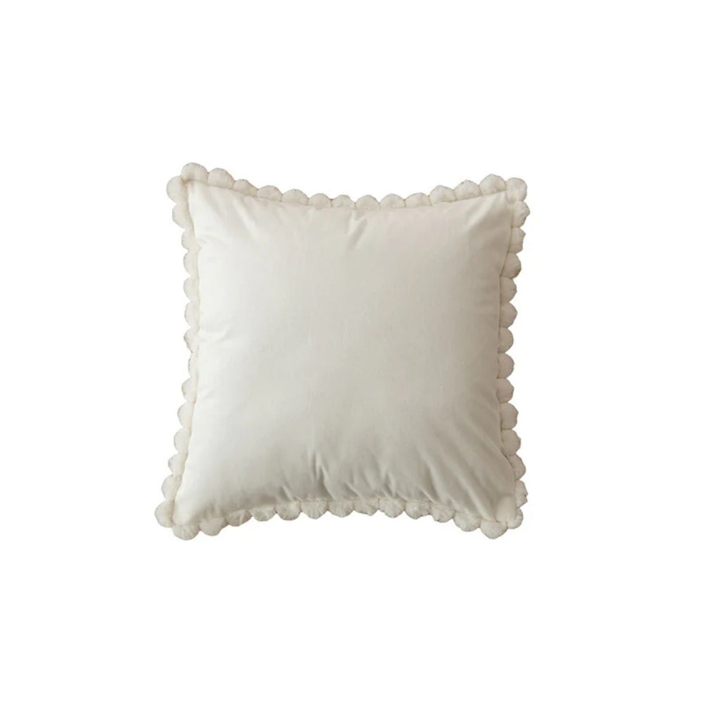 Velvet Pom-Pom Trim Cushion Cover White 18"x18"
