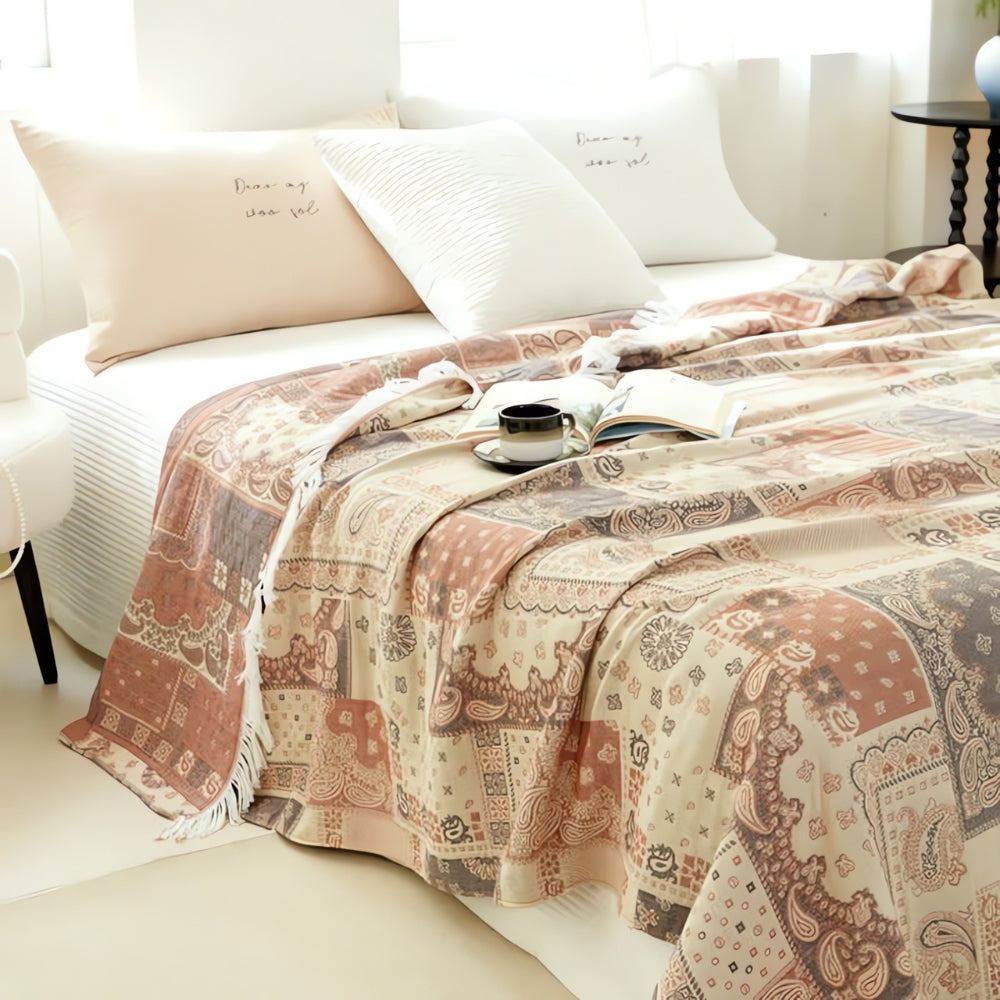 Mosaic Pattern Cotton Gauze Blanket Khaki