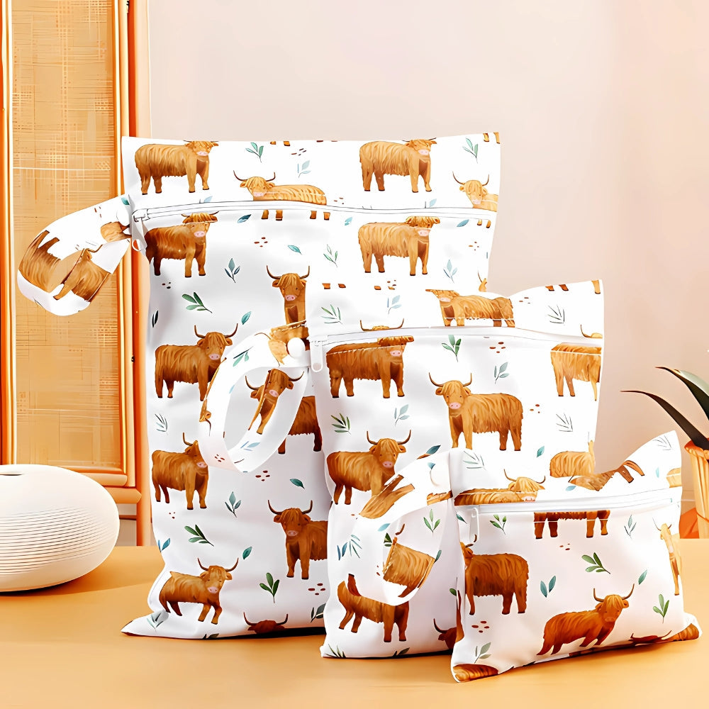 Baby Zoo Safari Print Reusable Wet Dry Bag | 3pcs Set Highland Herd