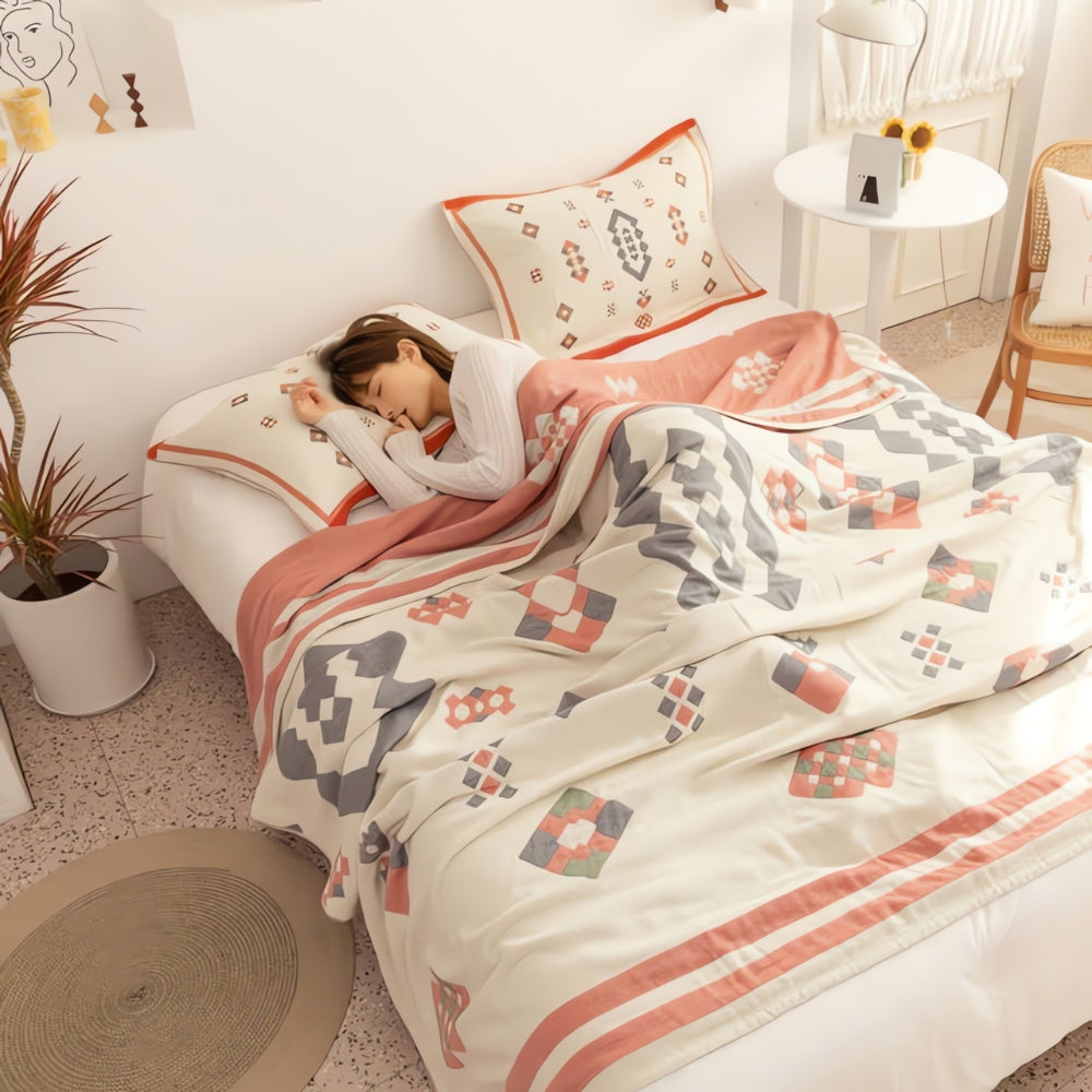 Chevron Design Four-Layer Cotton Blanket Muted Pink