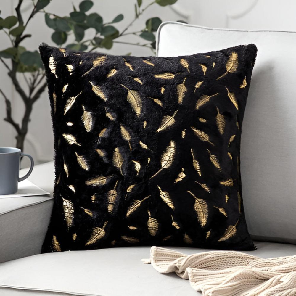 Golden Leaf Velvet Cushion Covers Midnight Black