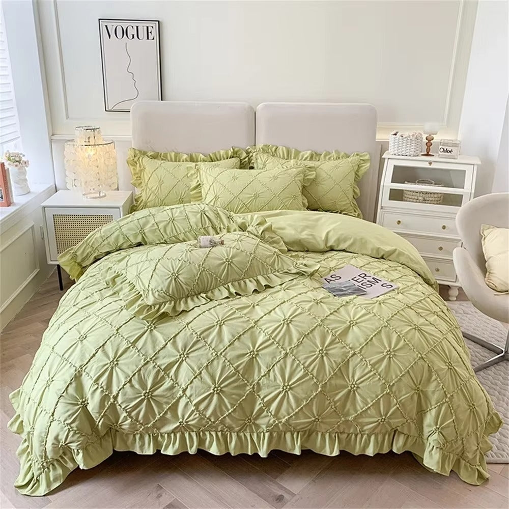 Belle Cotton Plush Ruffle Bedding | 4pcs Set Green California King