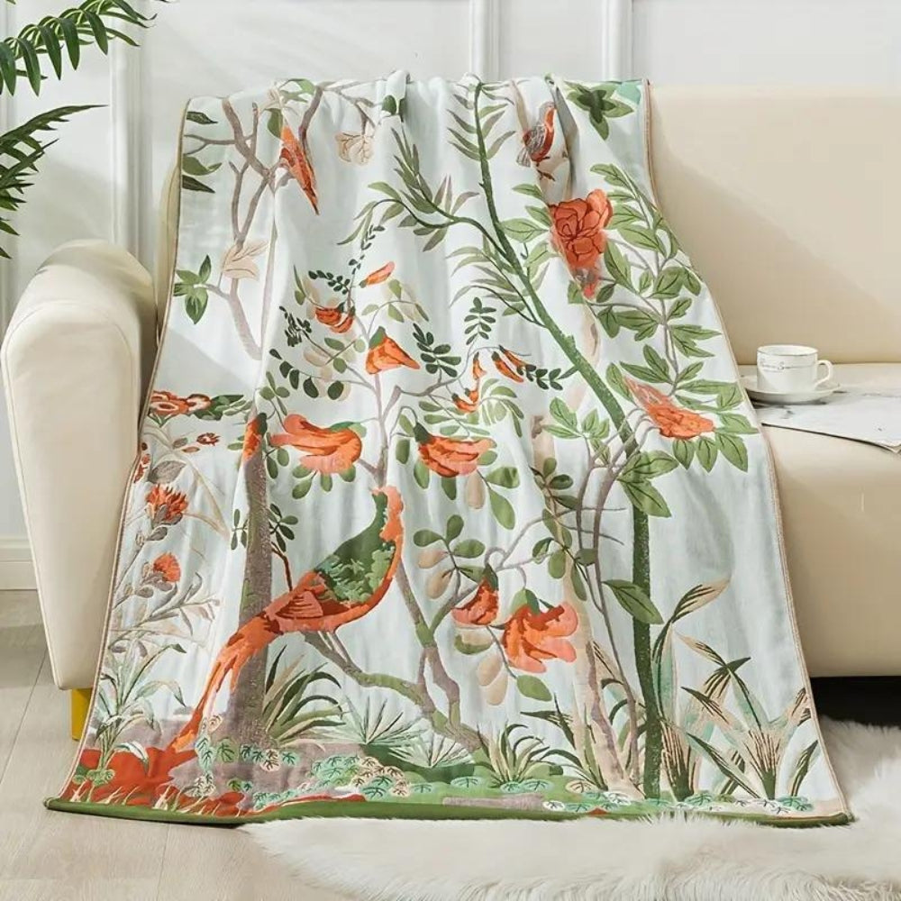 Floral Cotton Bath Towel Bird Blue 35"x71"