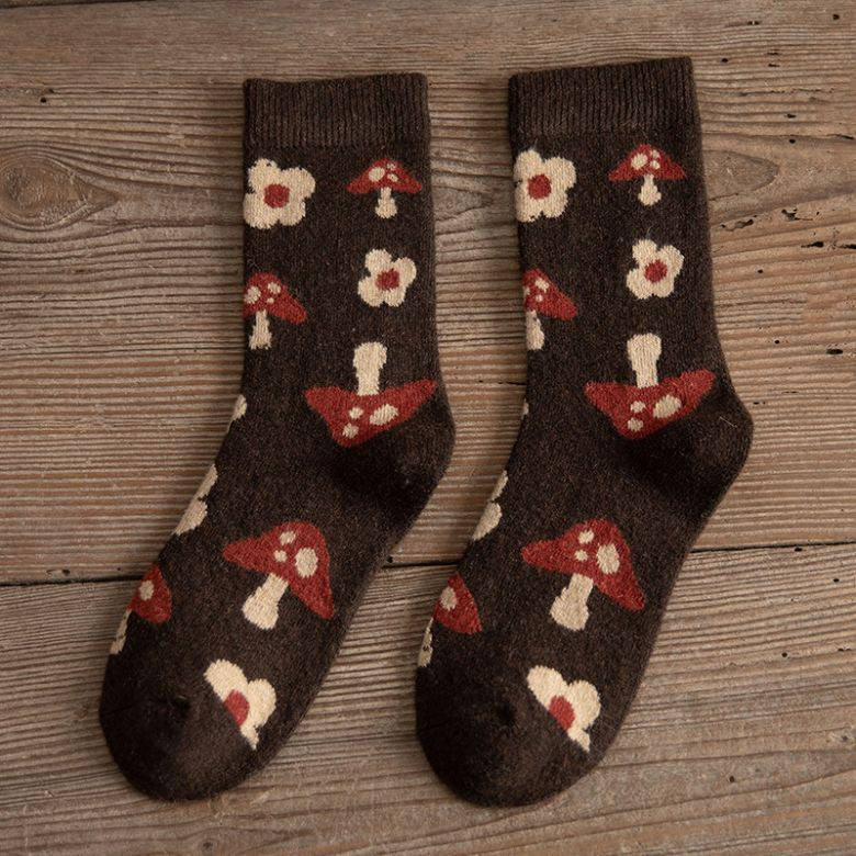 Women's Thermal Wool Socks Winter Warm Mushroom Flowers One Size