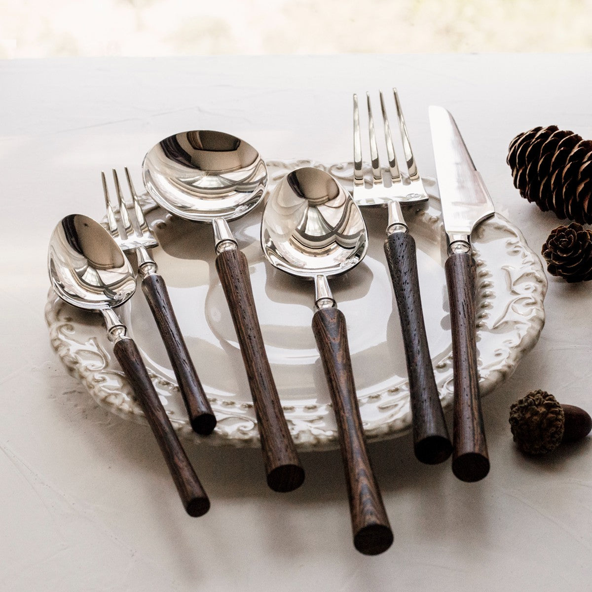 Vintage Walnut Wood Handle Flatware Set
