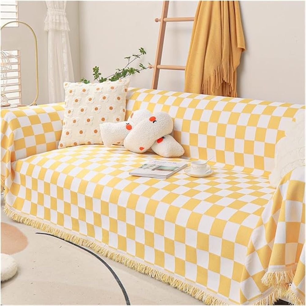 Checkerboard Anti-Scratch Sofa Cover Yellow