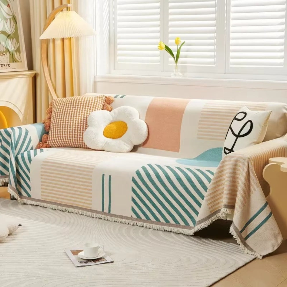 Meringue Chenille Geometry Sofa Cover Peach Aqua