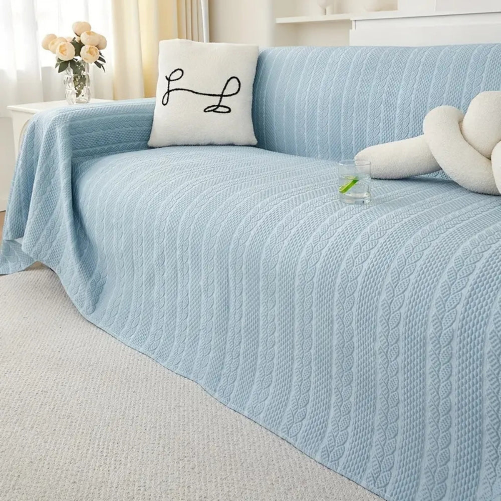Tranquil Plush Leaf Sofa Cover Sky Whisper