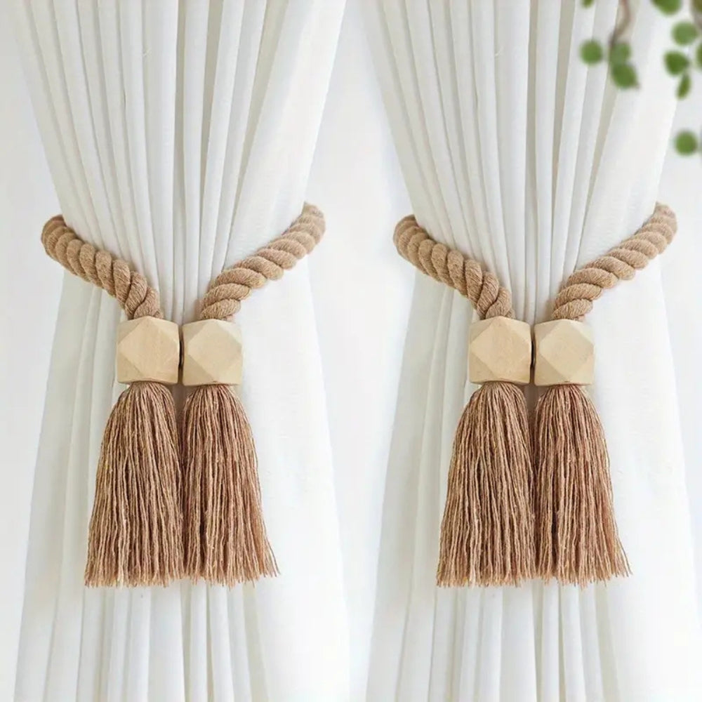 Wooden Bead Tassel Curtain Tie Back | 2Pcs Set Oak Twist