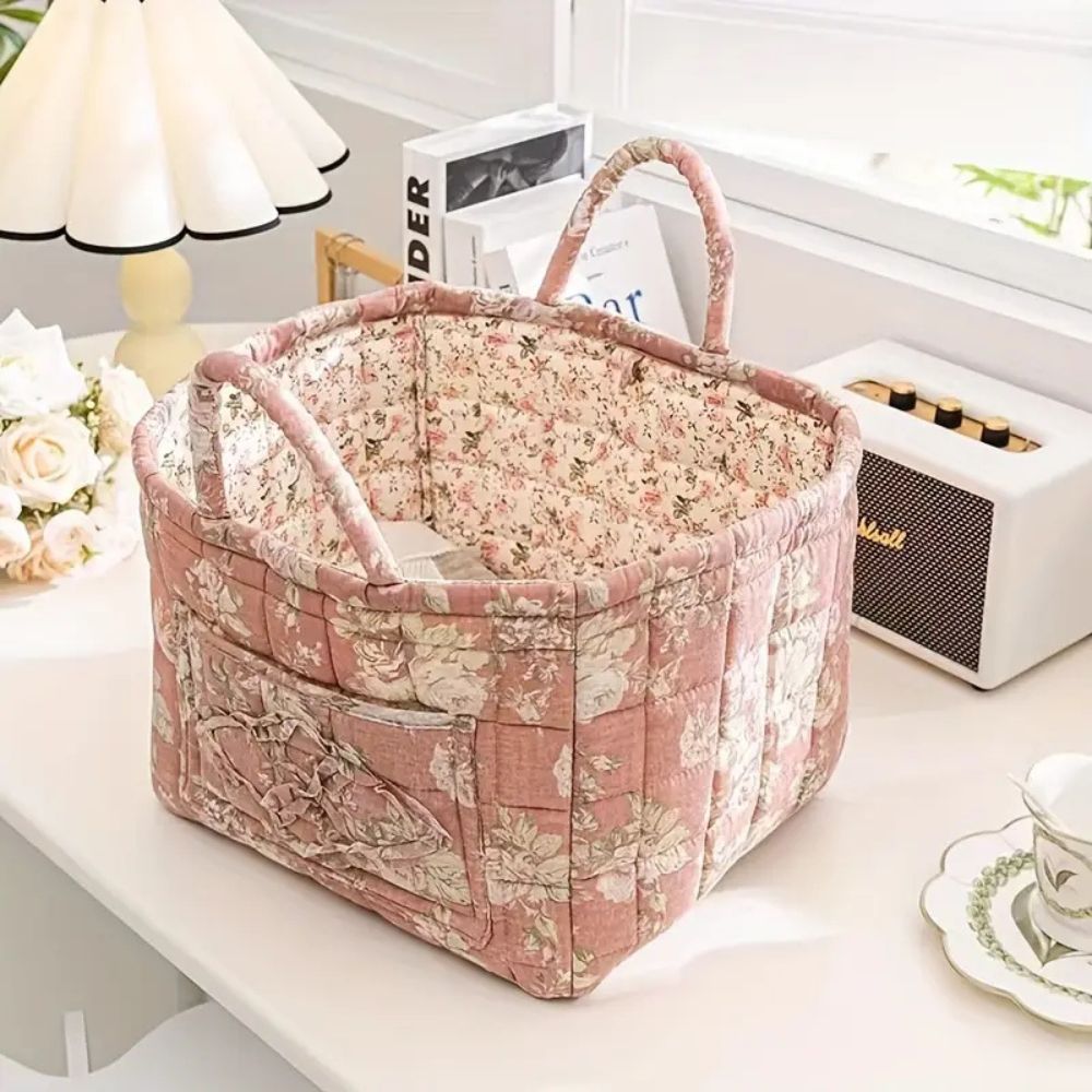 Delicate Floral Canvas Storage Basket Willow 13"x11"x10"