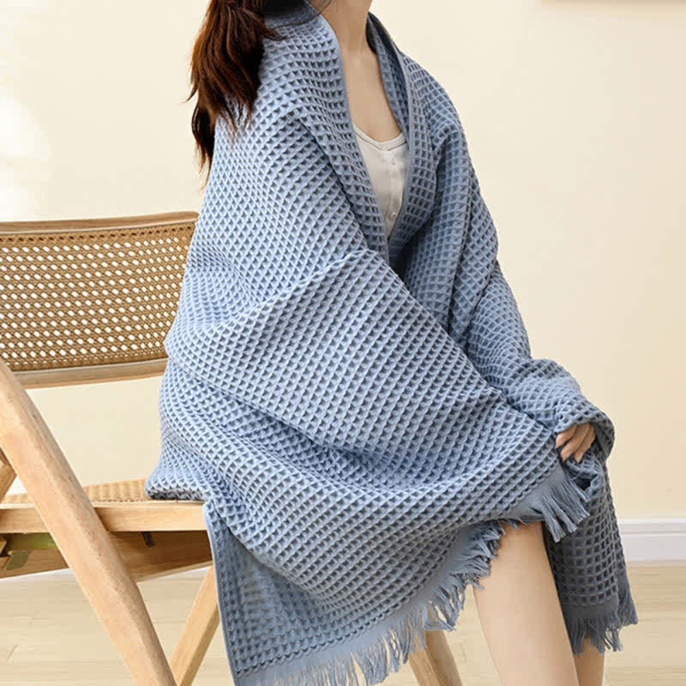 Pure Cotton Waffle Shawl Bath Towel Blue