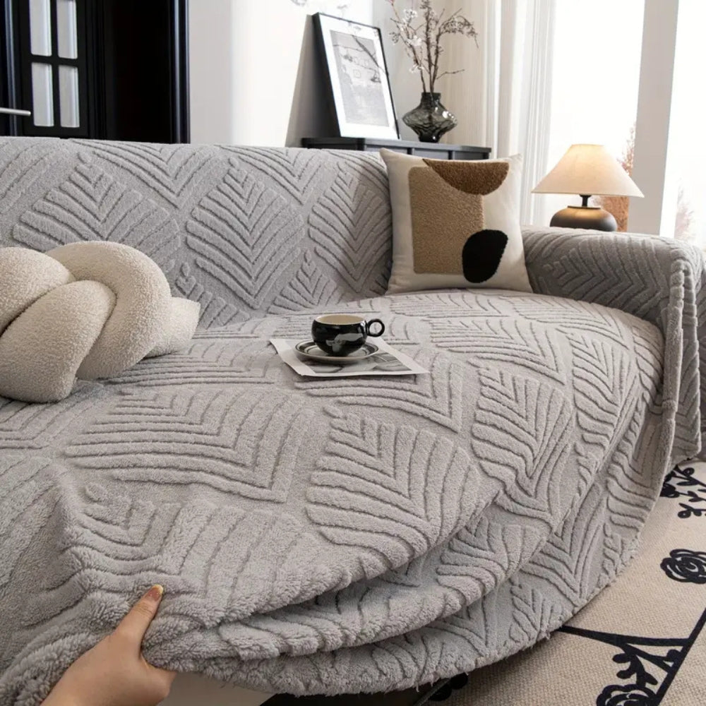 Herringbone Leaf Design Fleece Sofa Cover Gray