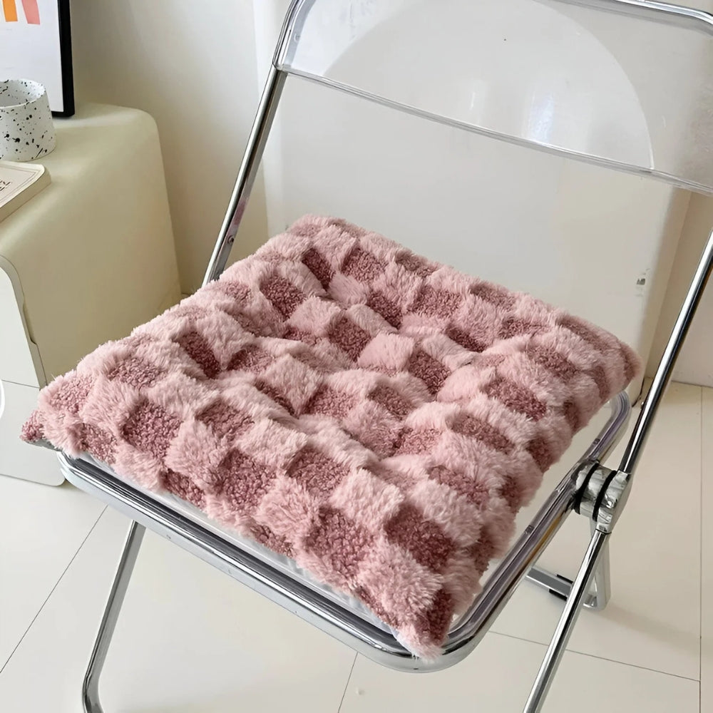 Fuzzy Checkered Fur Padded Cushion Pink 16"x16"