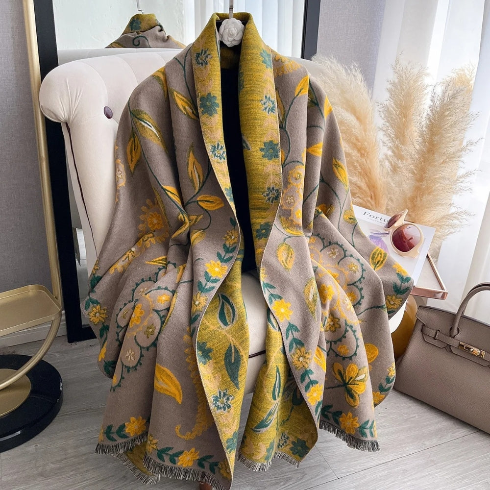 Elegant Double-Sided Floral Winter Shawl Scarf Golden Petal