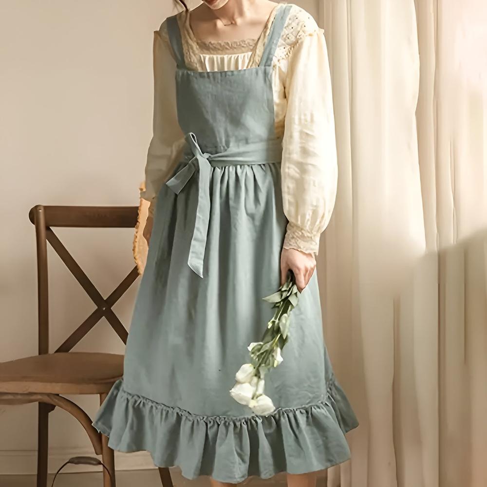 Rustic Ruffle Linen Apron Blue