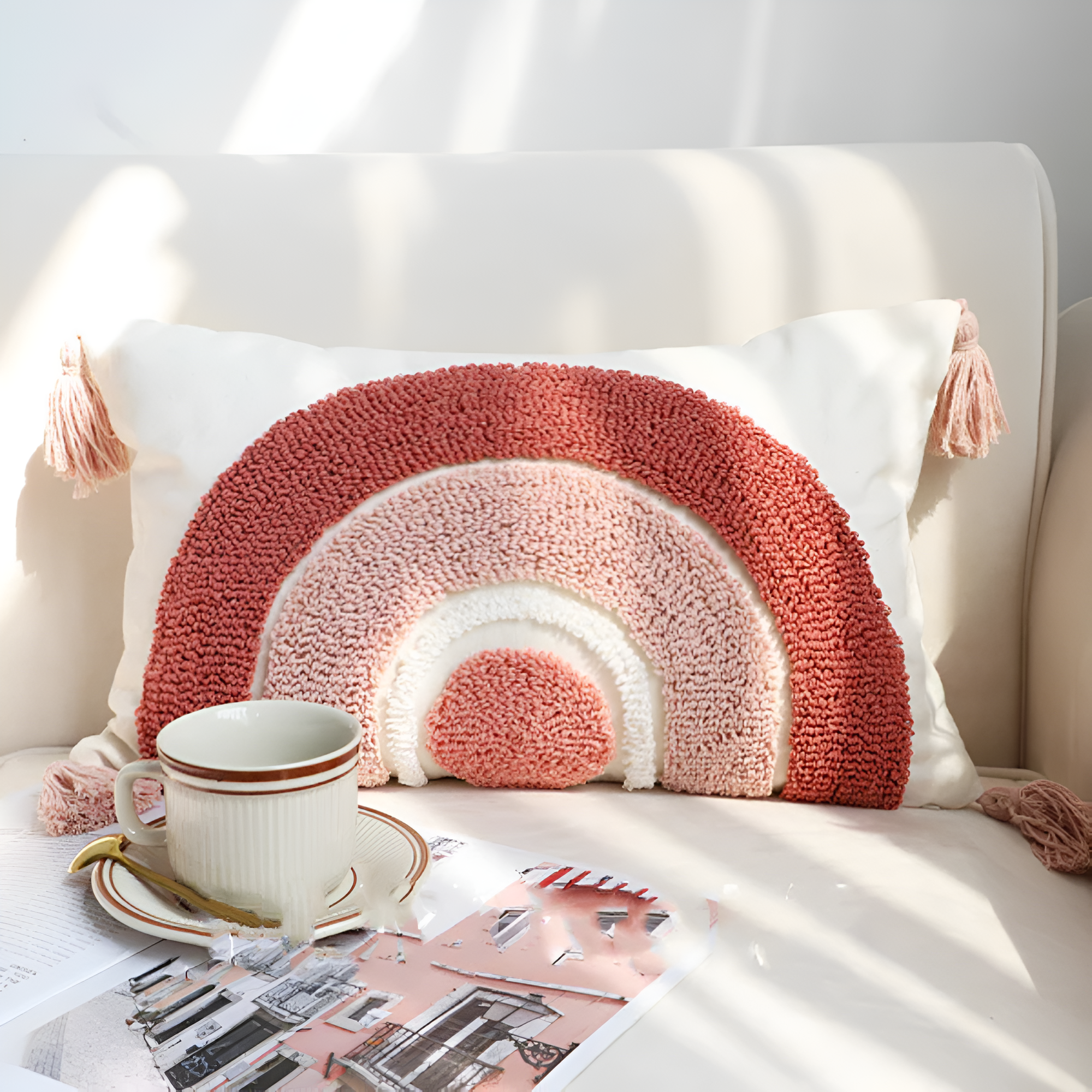 Tufted Embroidered Boho Cushion Cover Rainbow Lumbar