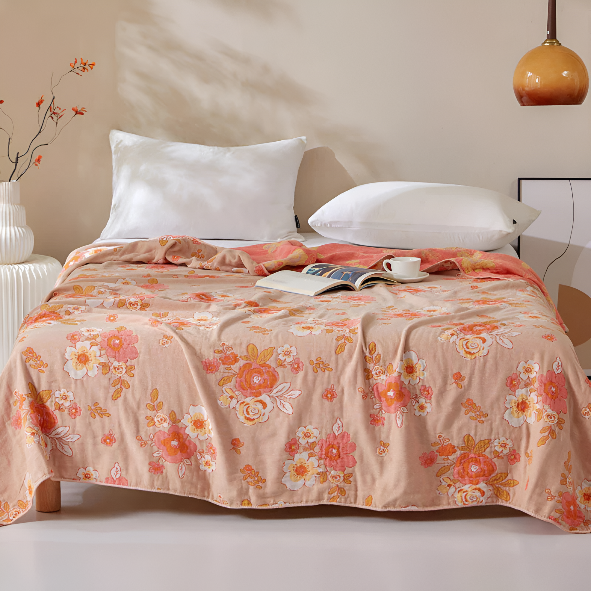 Blush Cotton Gauze Floral Blanket Light Brown & Pink